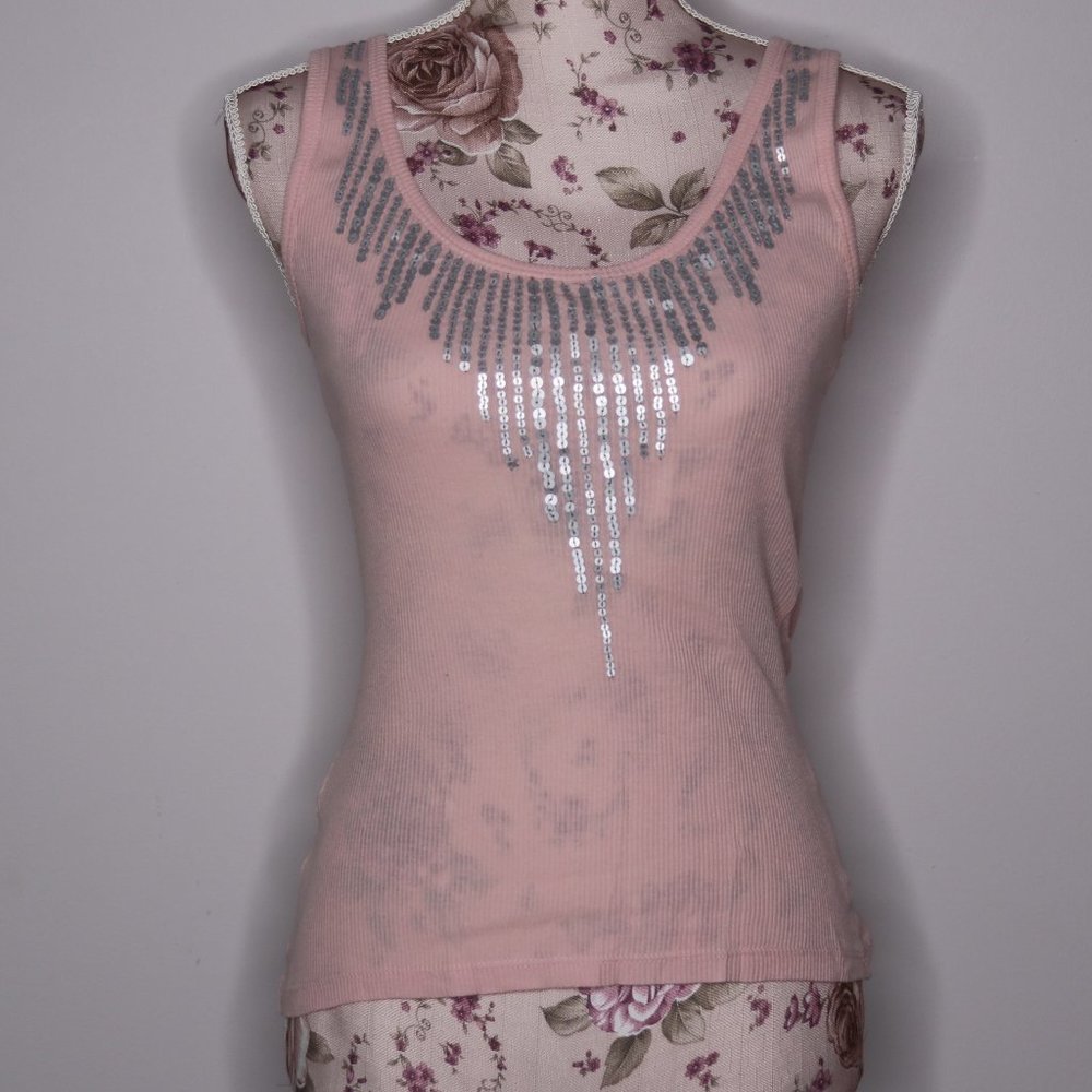 BCBG Girls Pink Ribbed Tank Top with Sequins Embellishment